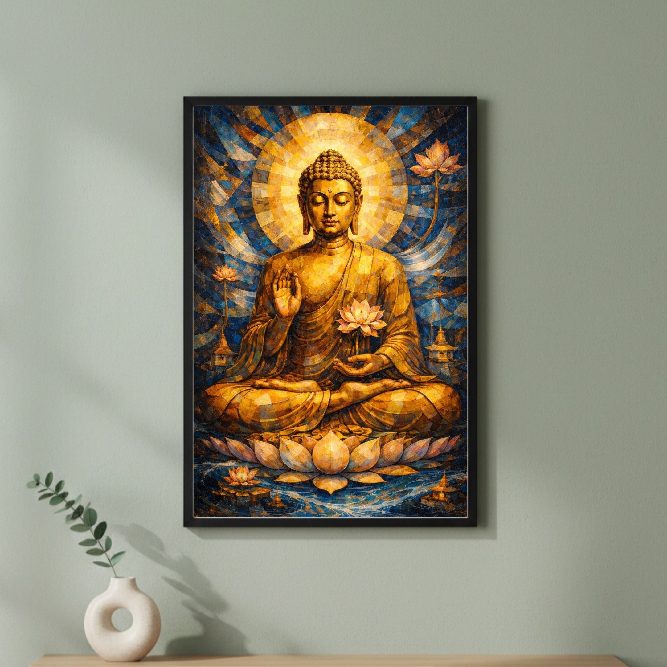 Golden Calm Buddha – Abstract Geometric Spiritual Wall Art Photo Frame